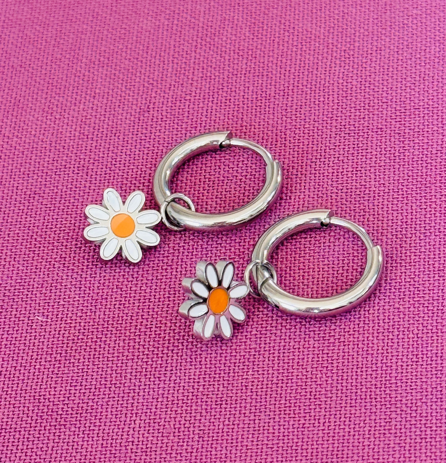 White Daisy Charm Hoops