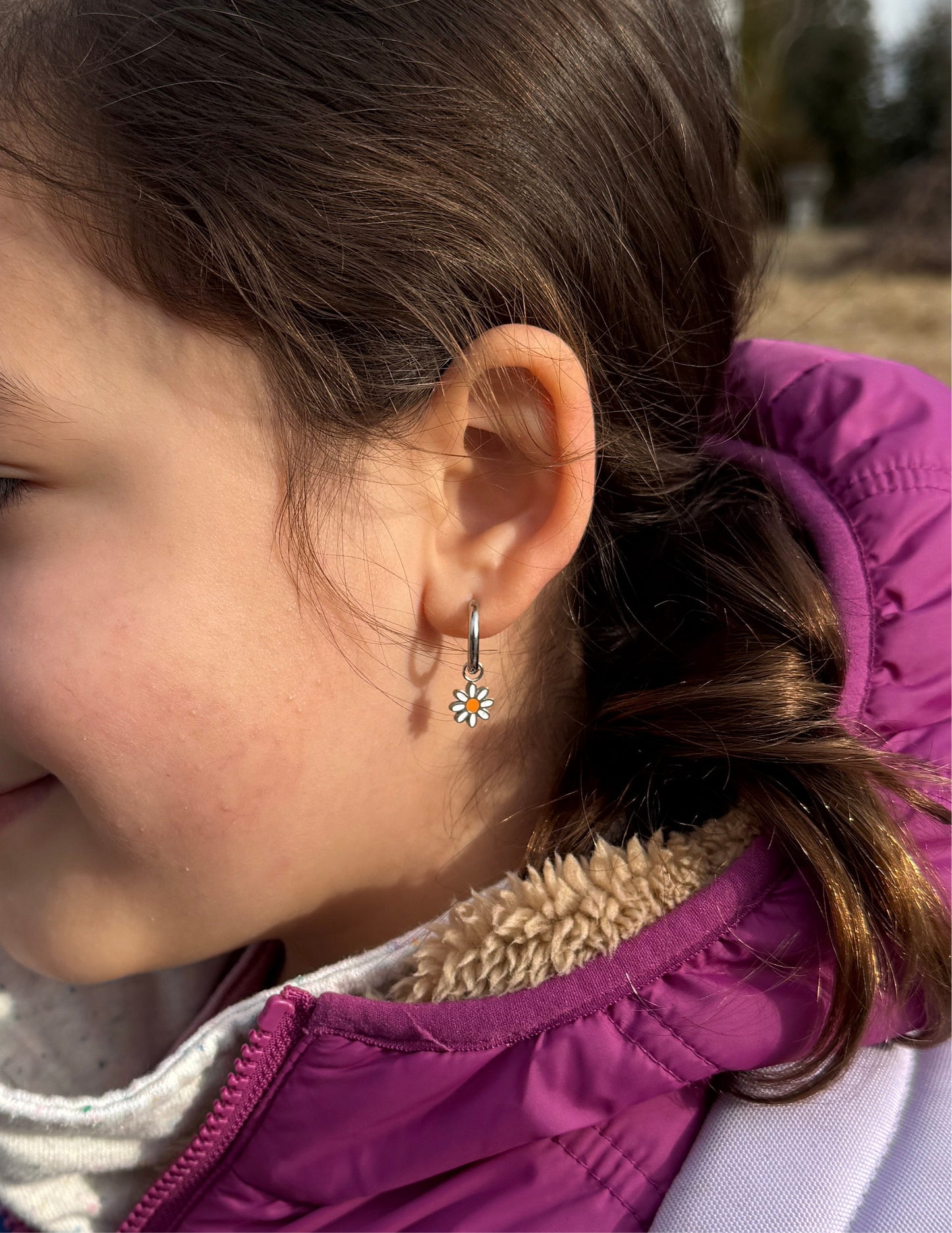 White Daisy Charm Hoops