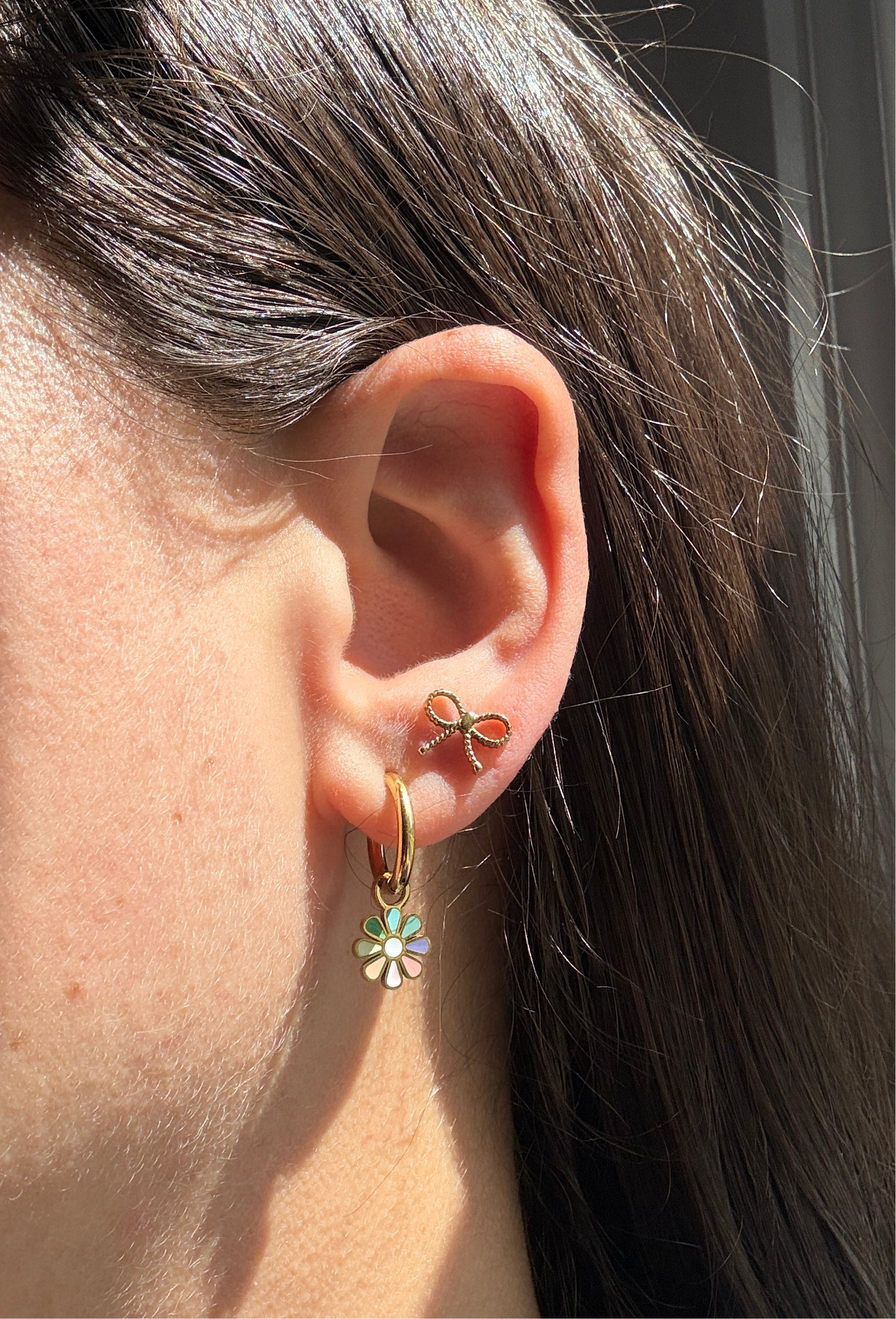 Gold Colorful Flower Charm Hoops