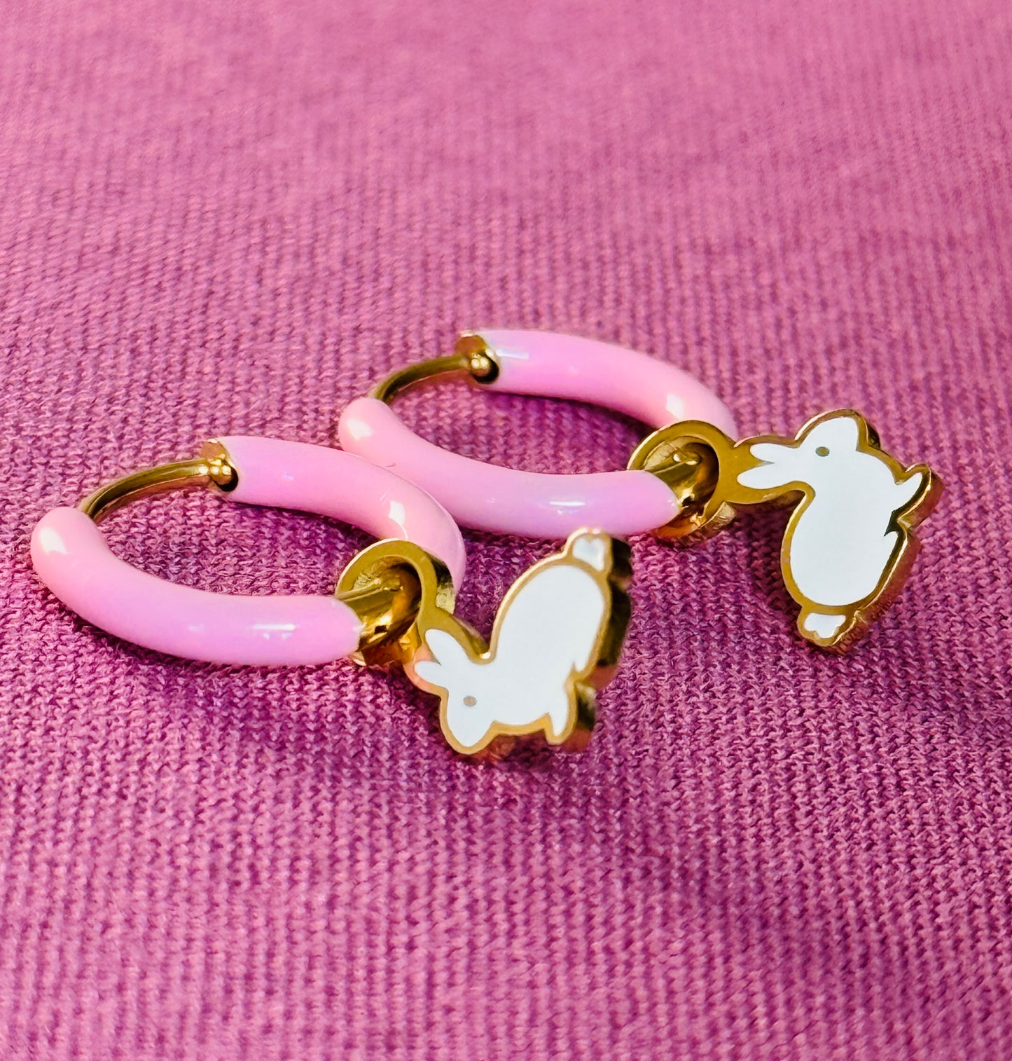White Bunny Charm Hoops