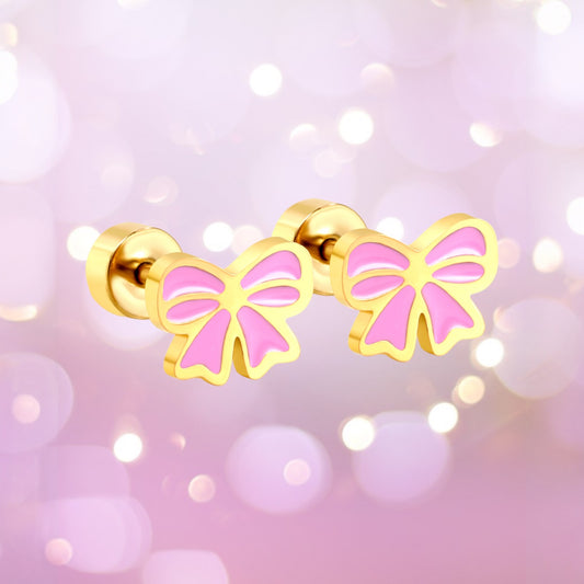 Pink and gold Screwback stud earrings on a pink and gold sparkly back