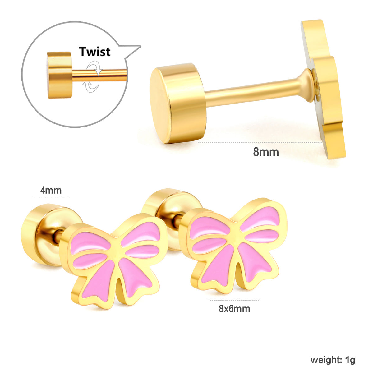 Image shows the Pink and gold Screwback stud earrings details such as flat screw-back, weight and size info