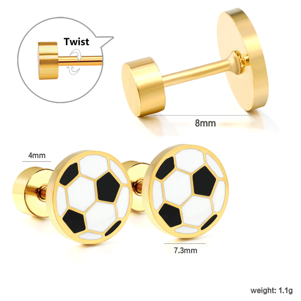 Soccer ball stud earrings on white backdrop showing flat screwback detail, weight and size information