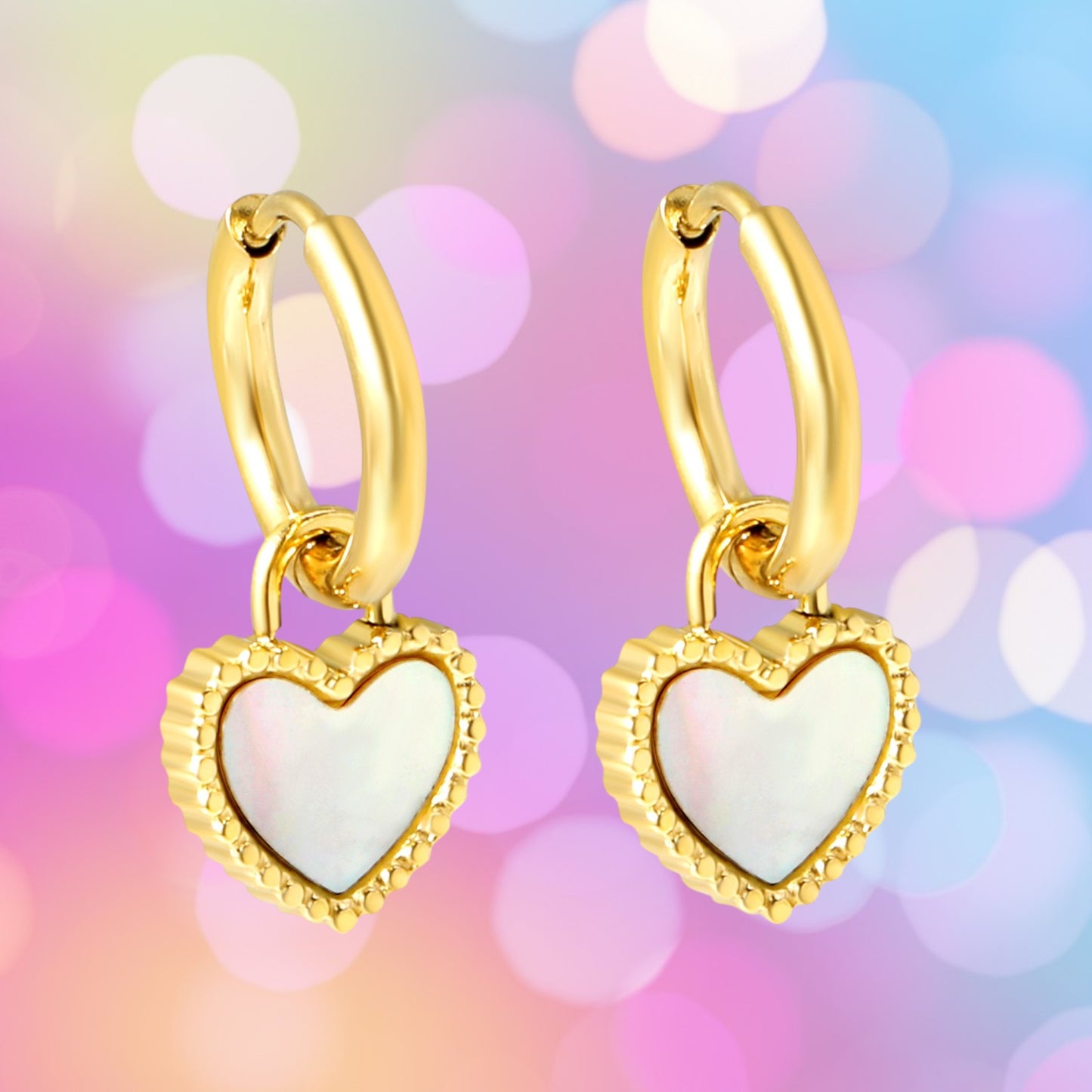 Gold and White opal charm hoop earrings