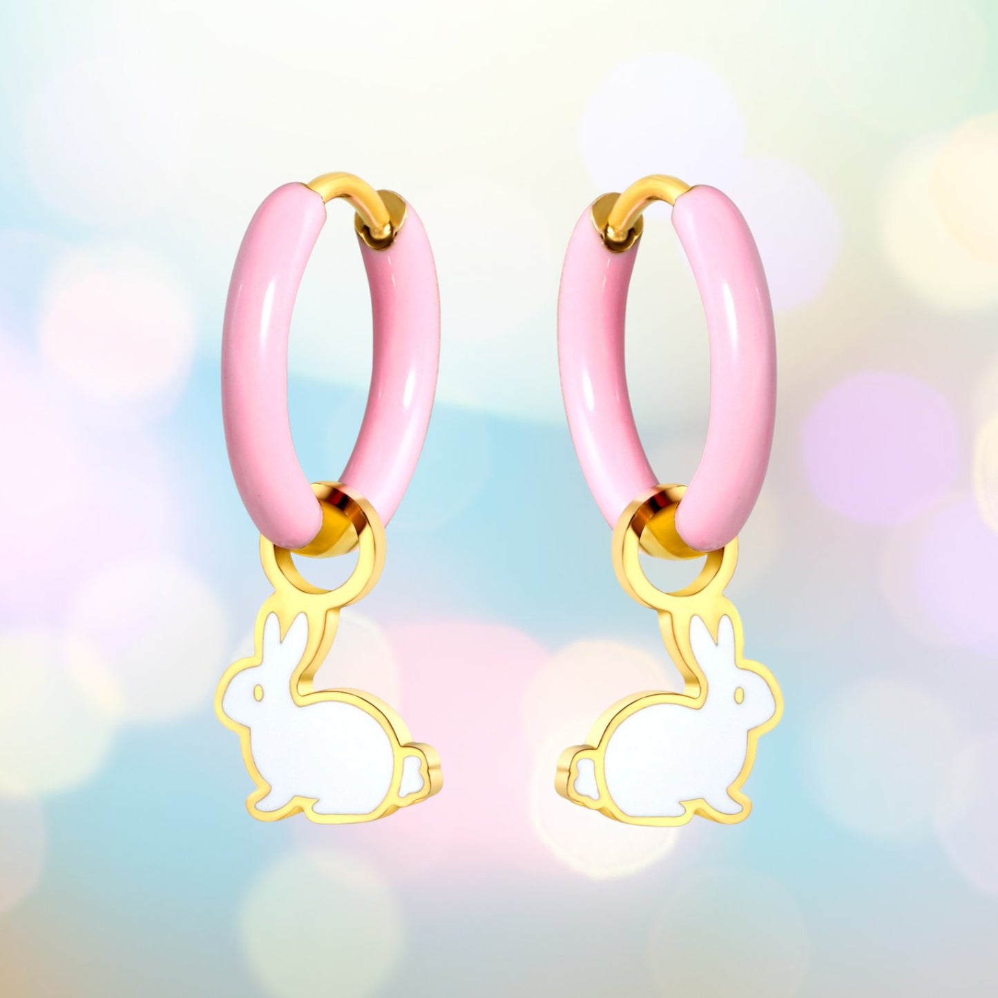 White Bunny Charm Hoops