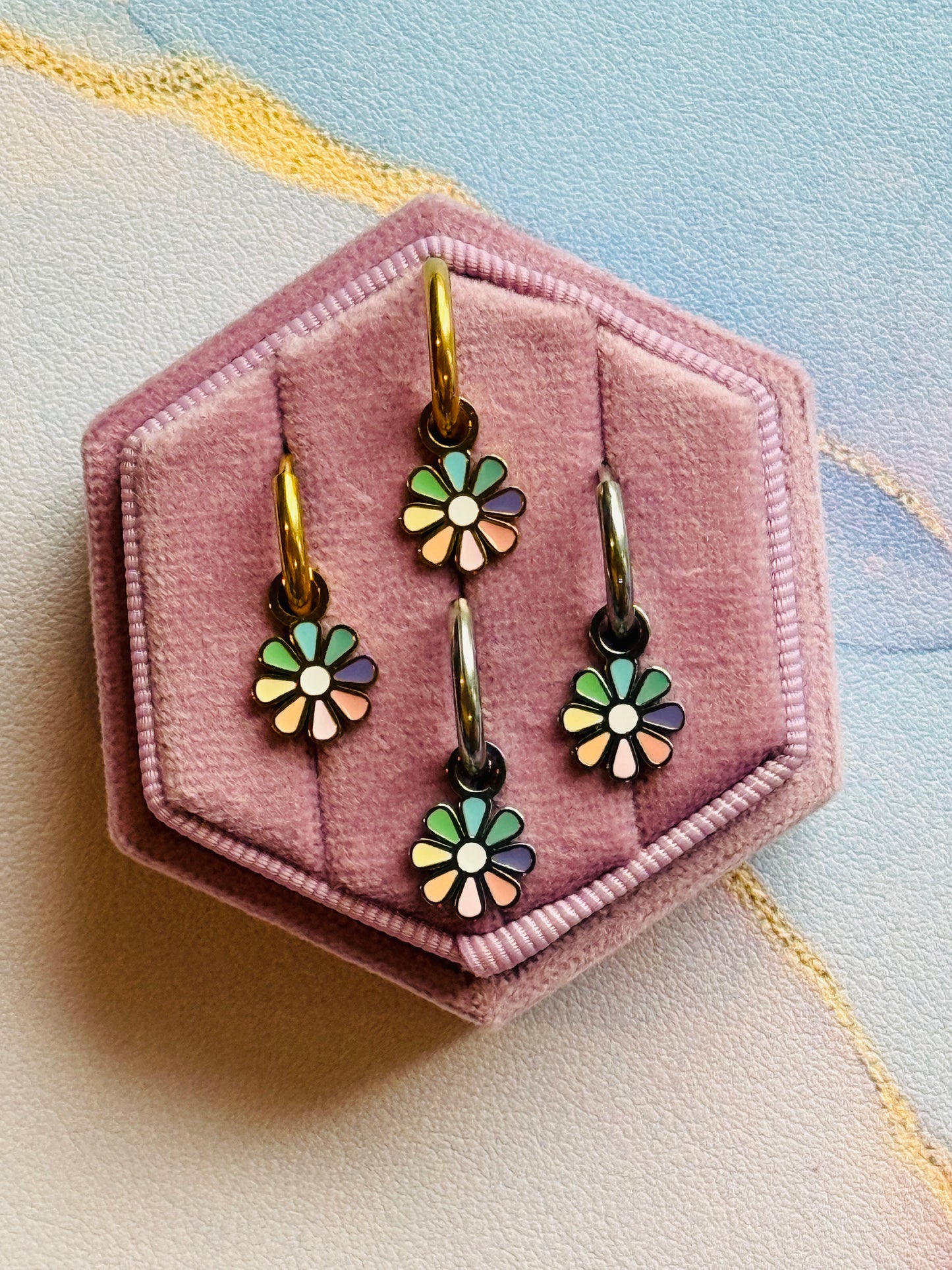 Silver Colorful Flower Charm Hoops