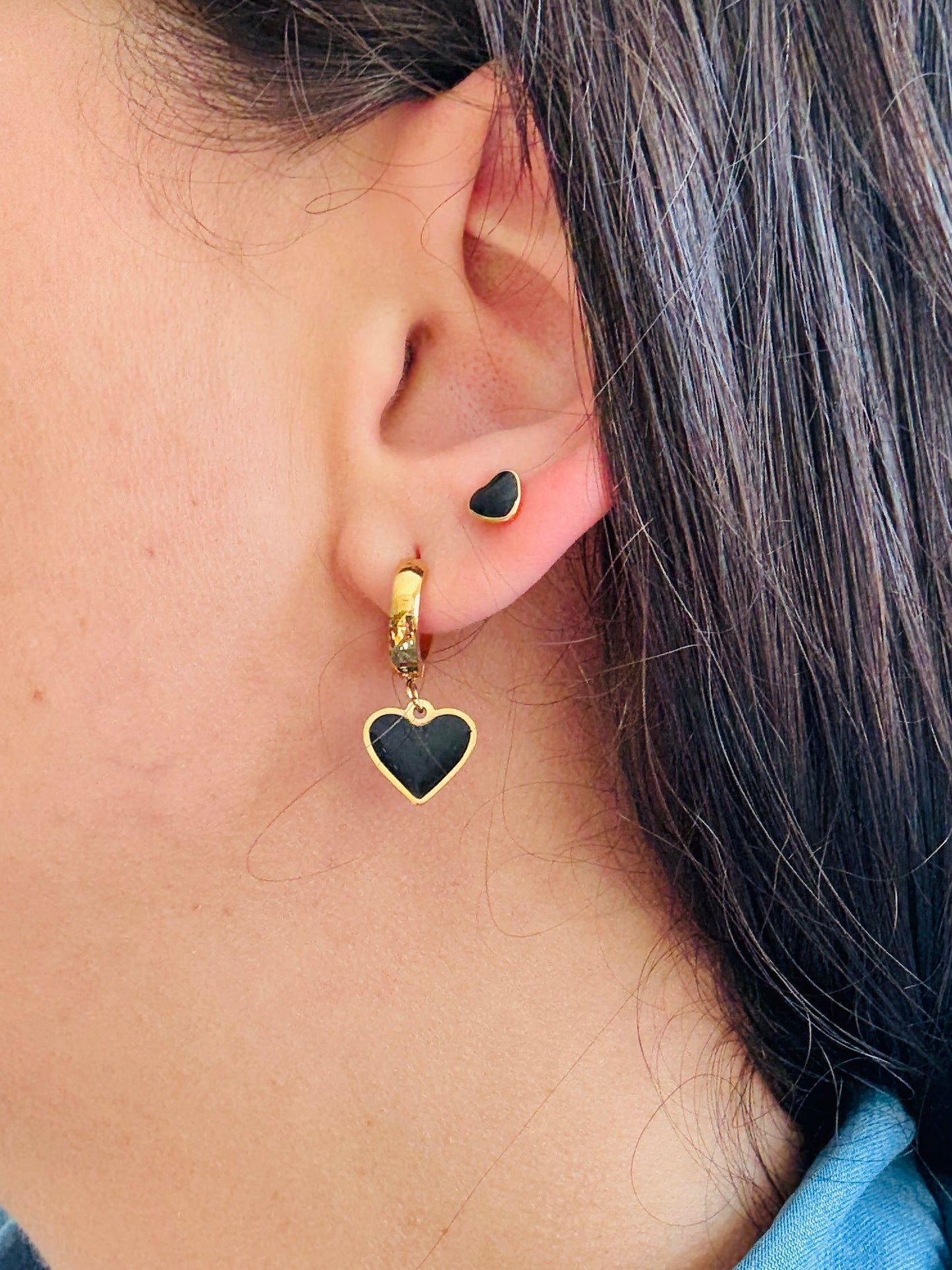 Black heart dangle huggie hoops