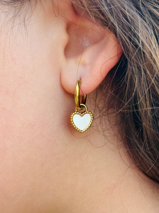 Gold and White opal charm hoop earrings
