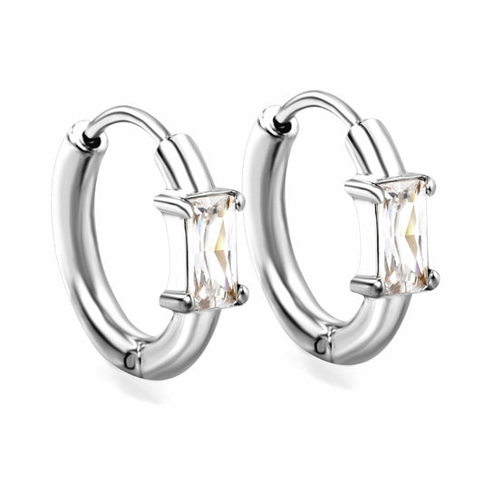 Silver Baguette Crystal Hoops