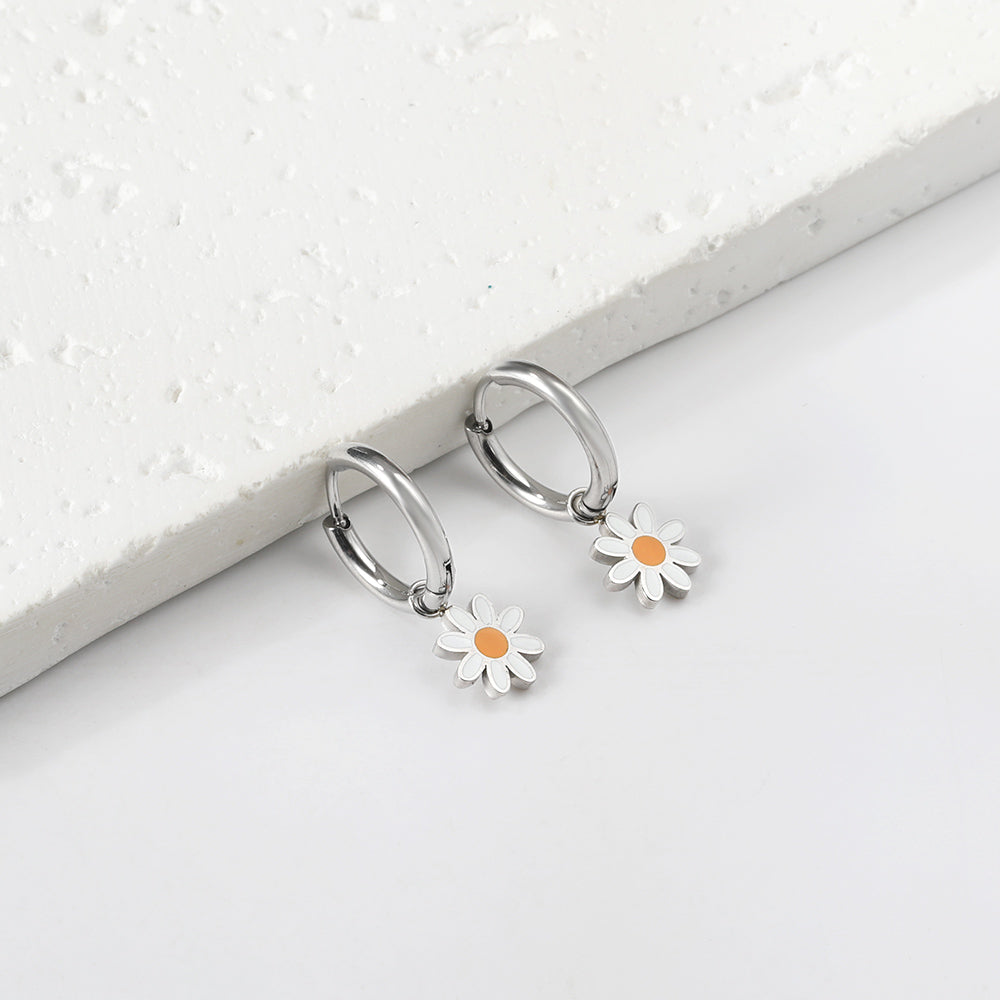 White Daisy charm hoops