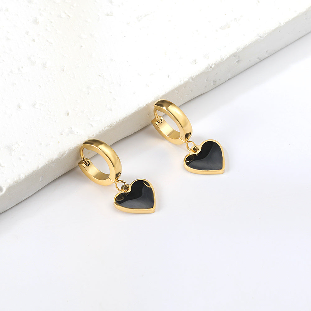 Black heart dangle huggie hoops