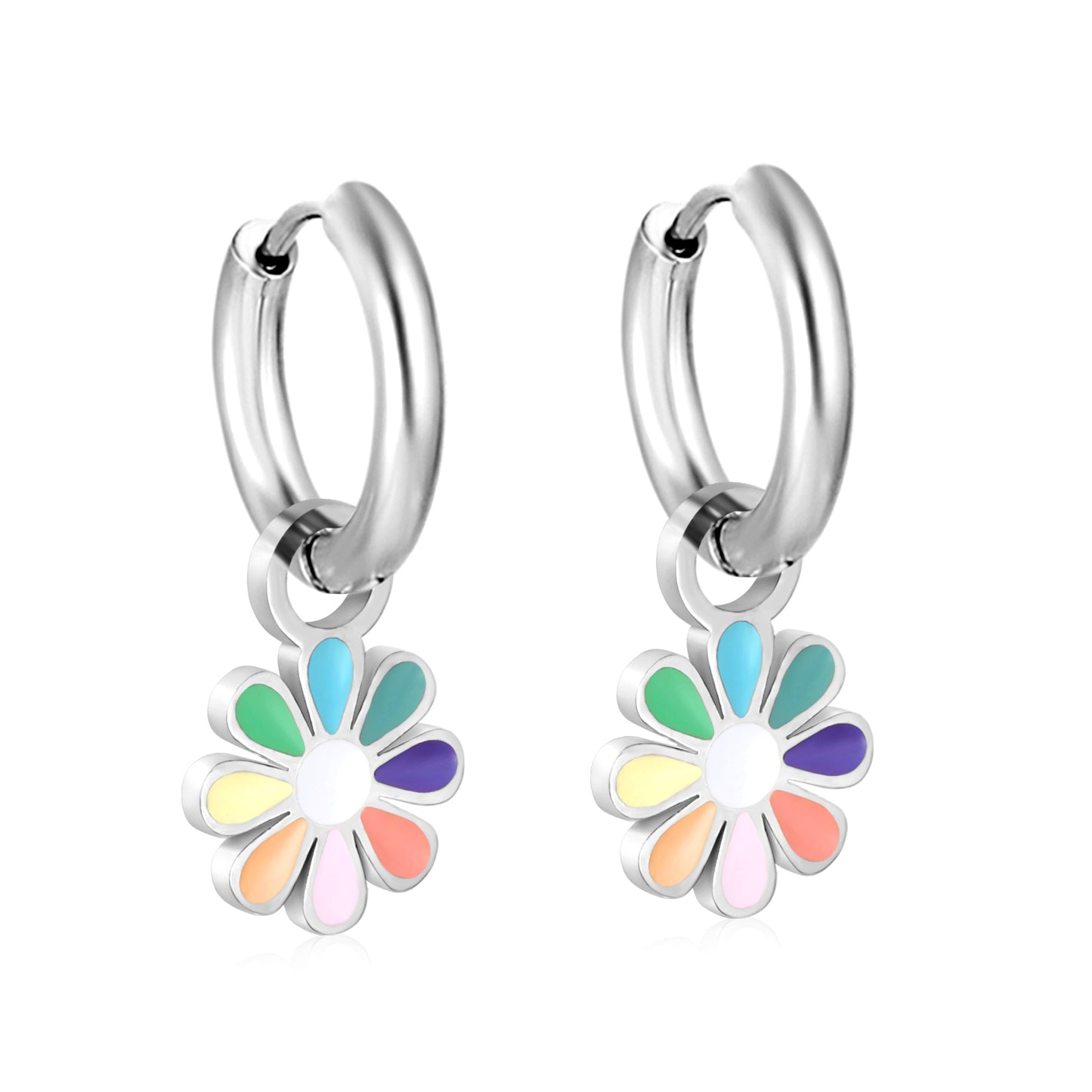 Silver Colorful Flower Charm Hoops