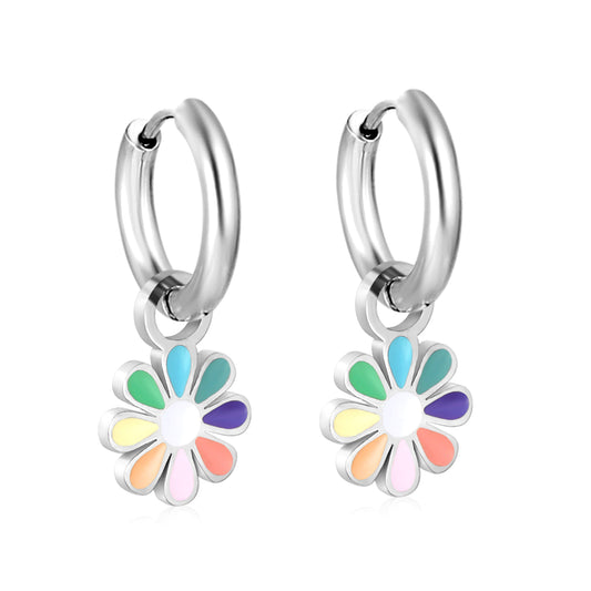 Silver Colorful Flower Charm Hoops