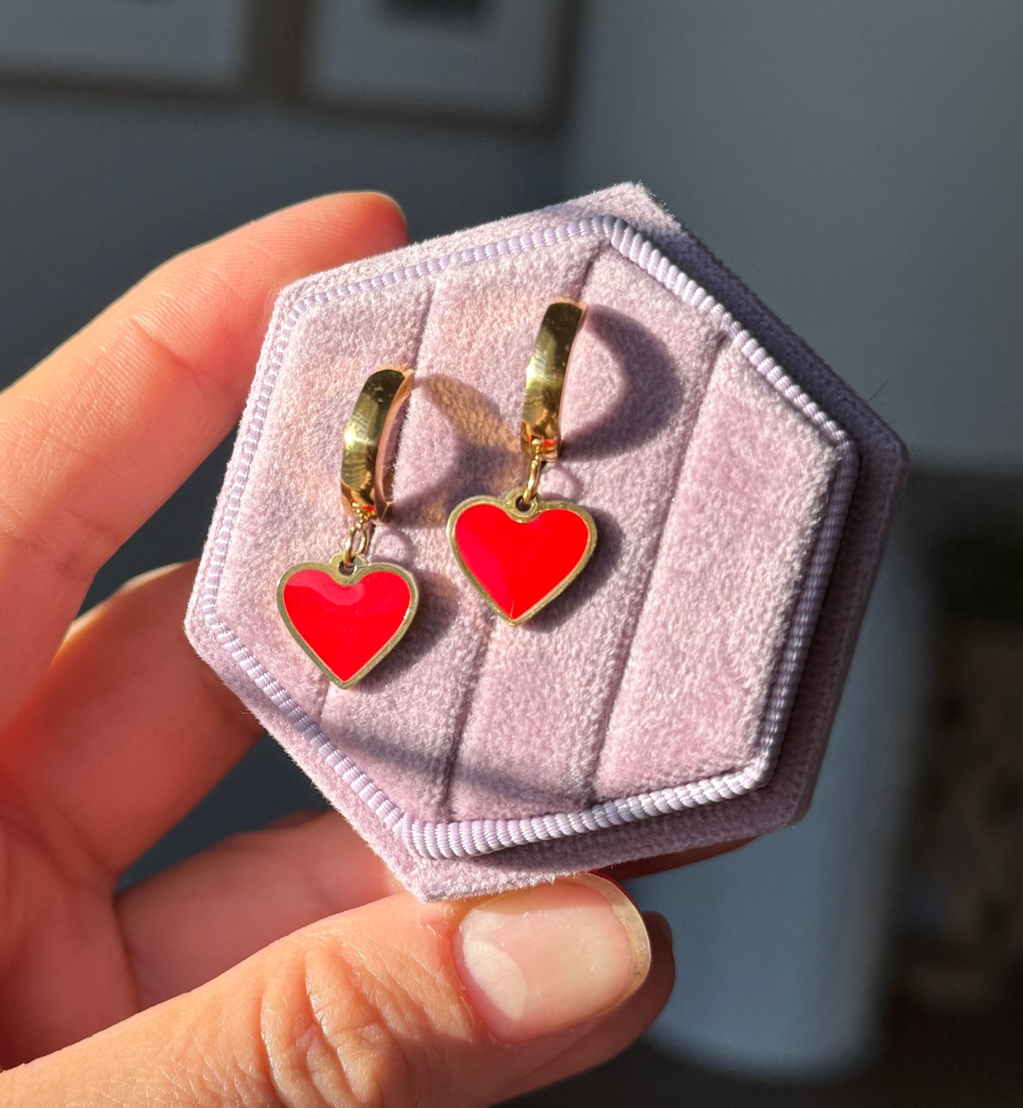Red heart dangle huggie hoops