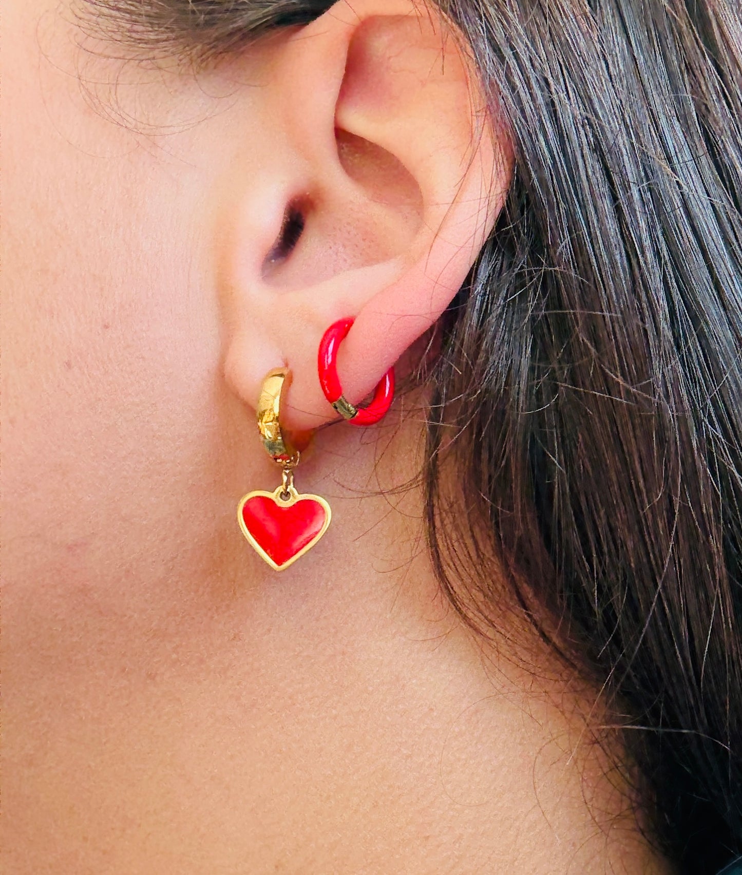 Red heart dangle huggie hoops