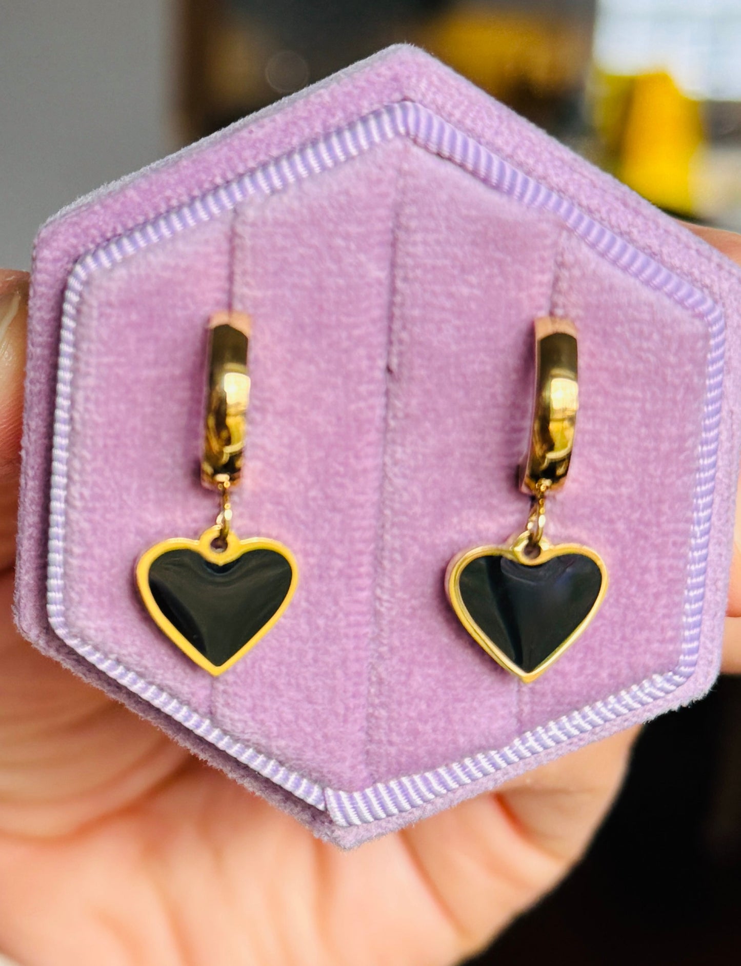 Black heart dangle huggie hoops