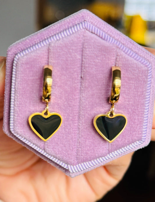 Black heart dangle huggie hoops