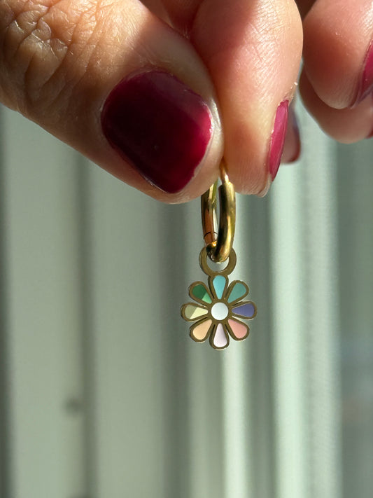 Gold Colorful Flower Charm Hoops