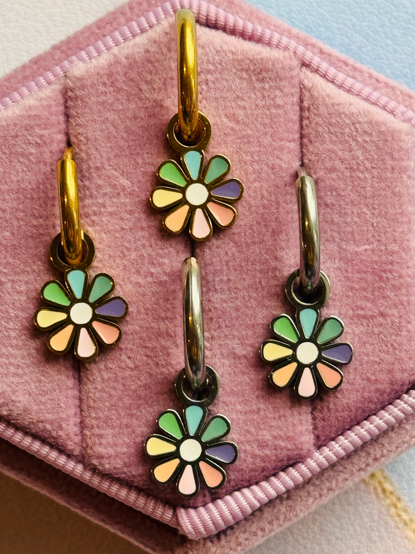 Silver Colorful Flower Charm Hoops