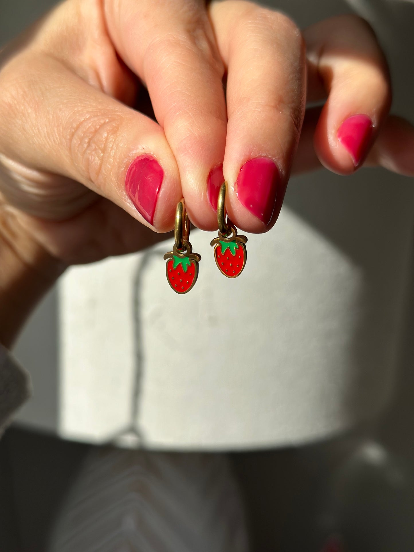 Strawberry charm tiny huggie hoops