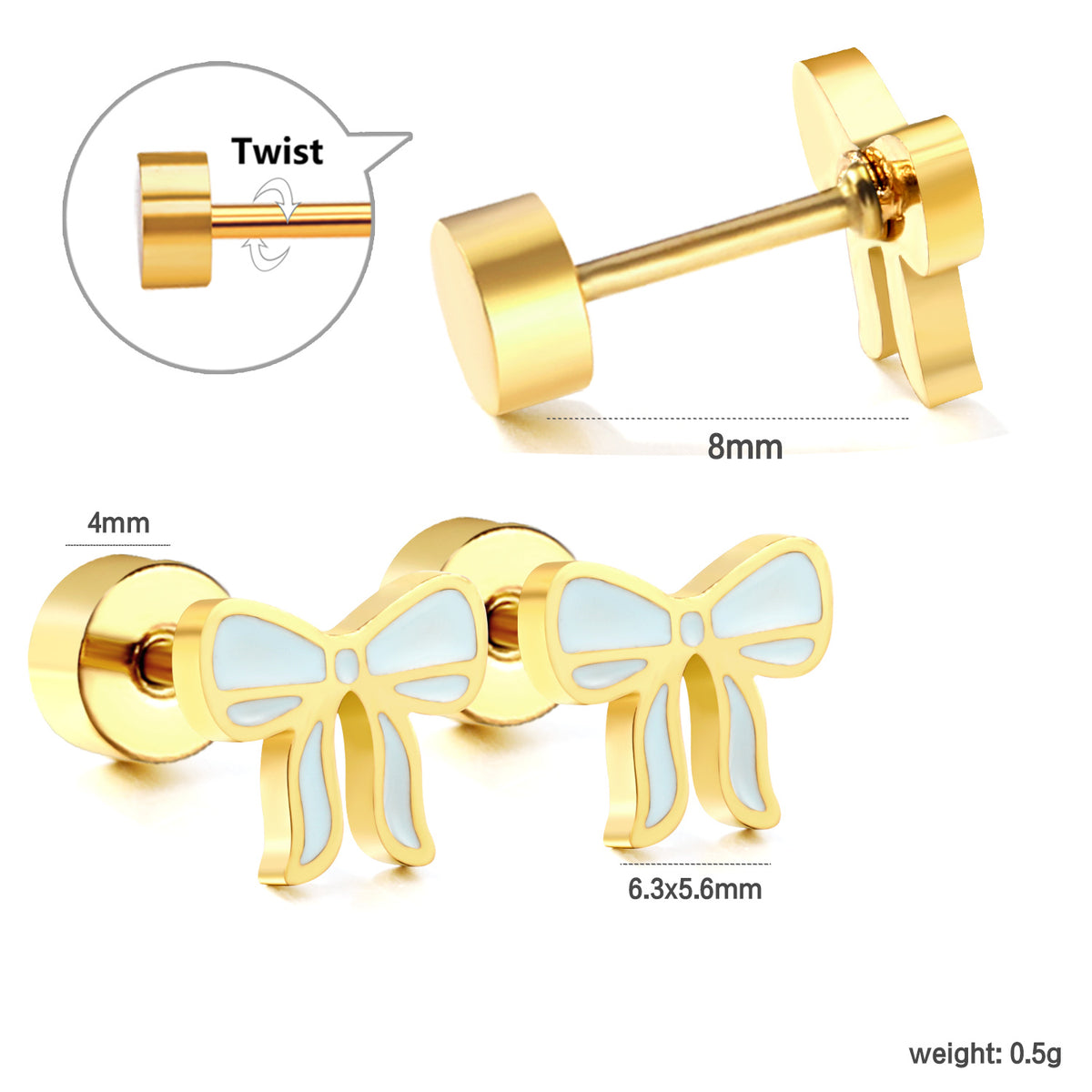 Baby blue and gold bow Screwback studs showing flat screw-back detail, size and weight
