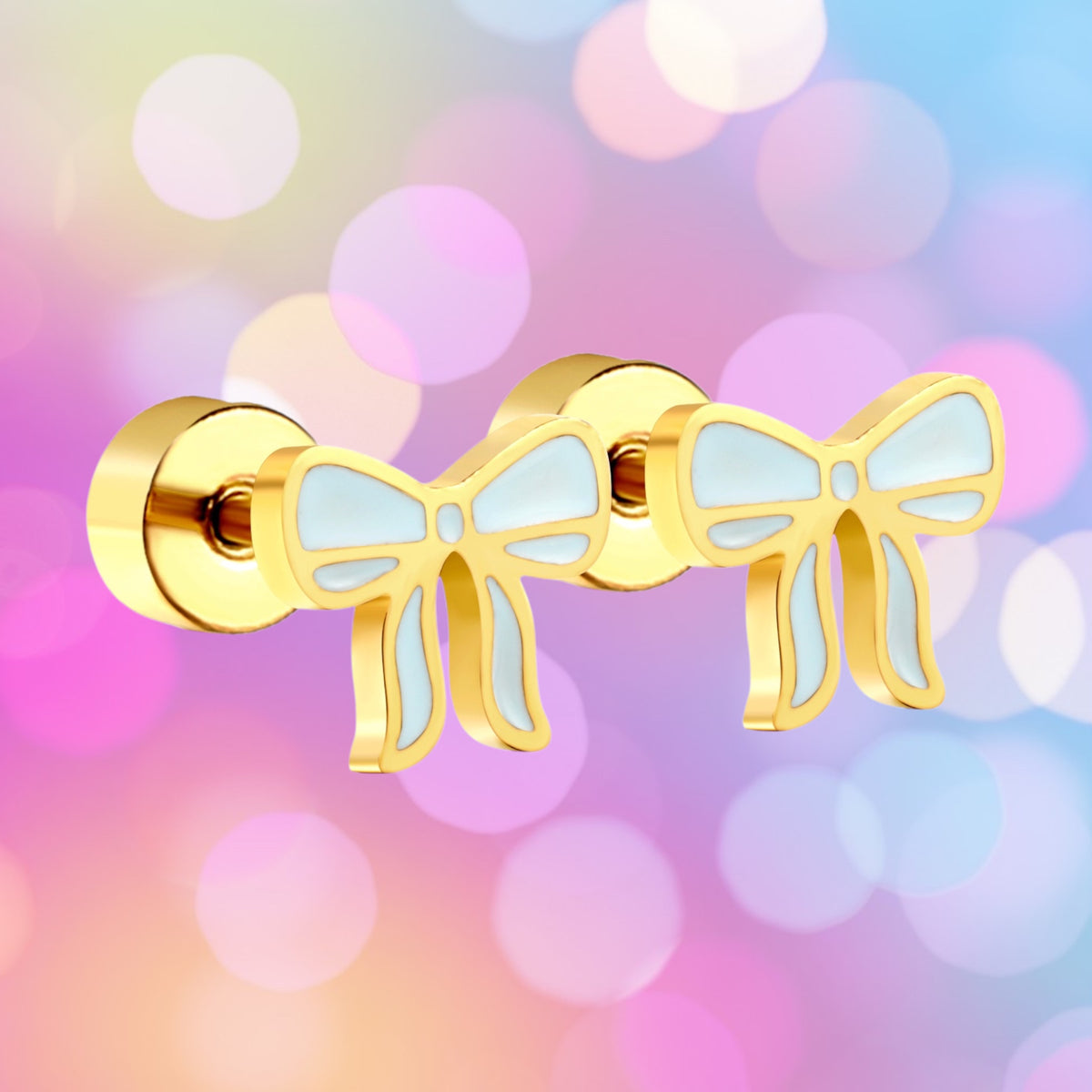 Baby blue and gold bow Screwback studs on colorful back, showing flat screwbacks detail