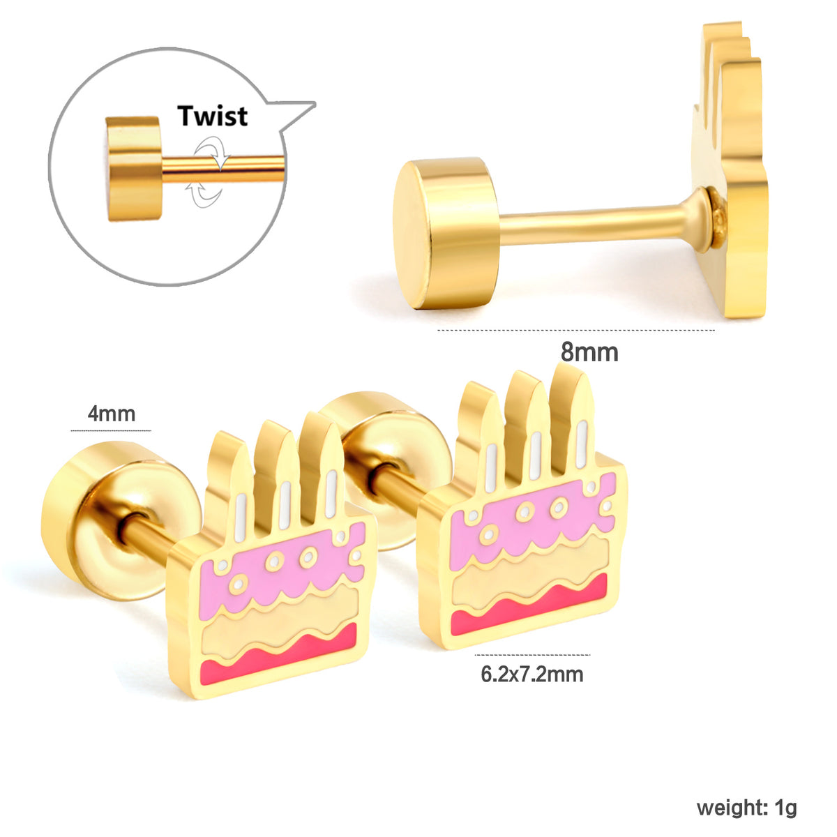 Birthday cake studs showing color detail, Screwback detail, size and weight info