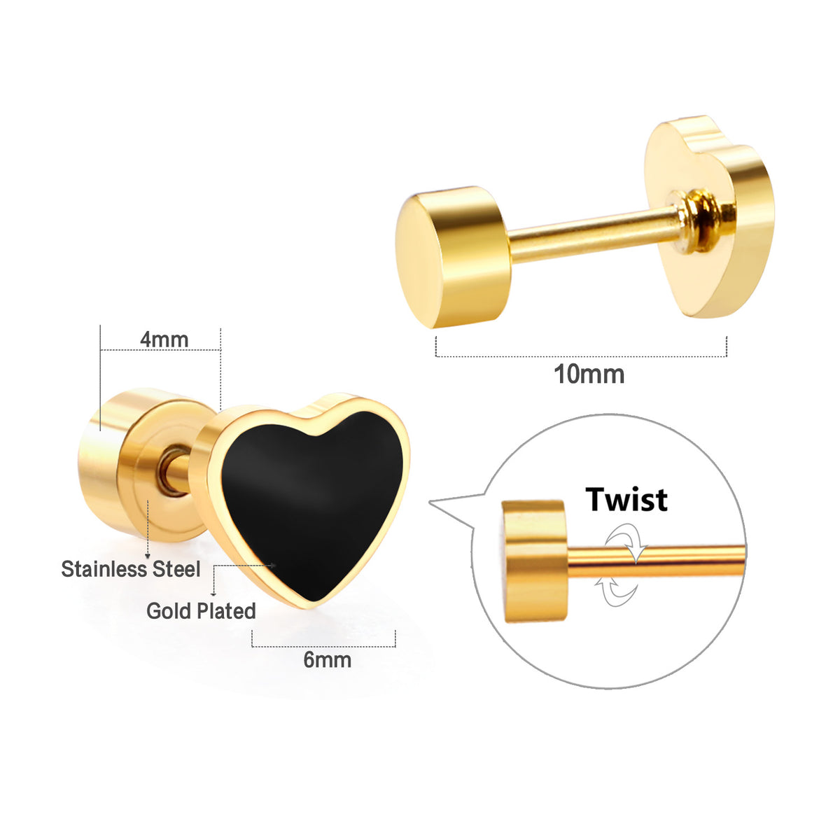 Black and Gold Heart Studs showing flat screwback detail, materials and size information