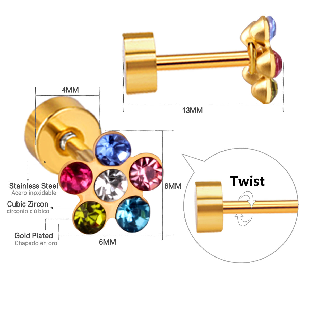 Colorful Flower Crystals Studs showing flat acre back detail, materials, color and size