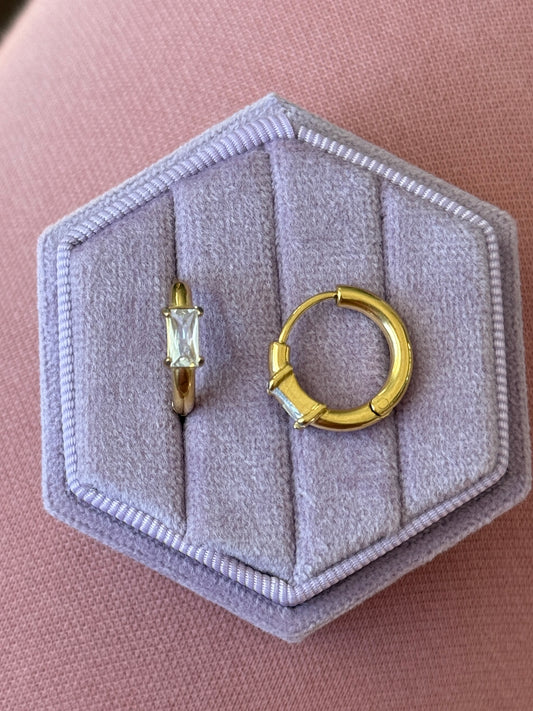 Gold Baguette Crystal Hoops