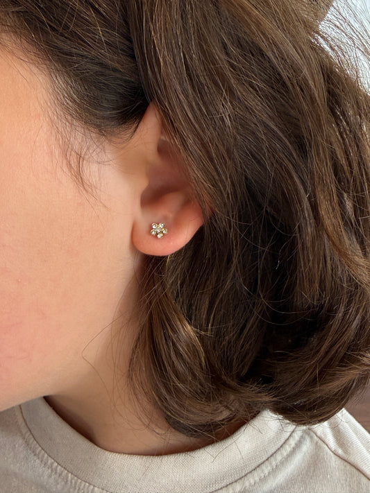 Flower shaped crystal Screwback studs shown on a girl ear 