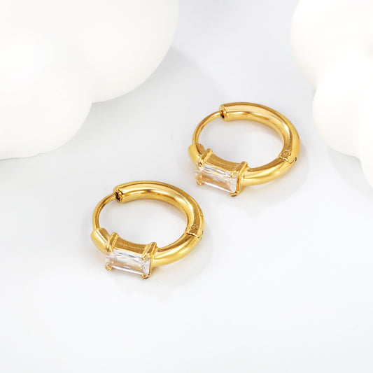 Gold Single Baguette Hoops on white background
