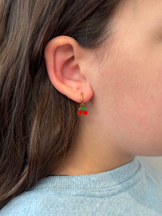 Cherries Charm Tiny Huggie Hoops