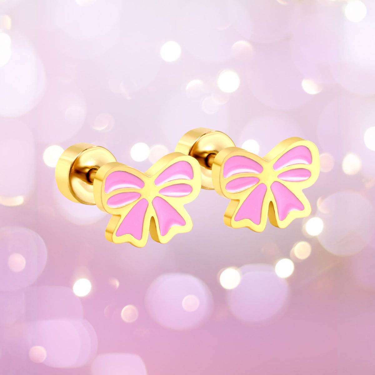 Pink and gold Screwback stud earrings on a pink and gold sparkly back