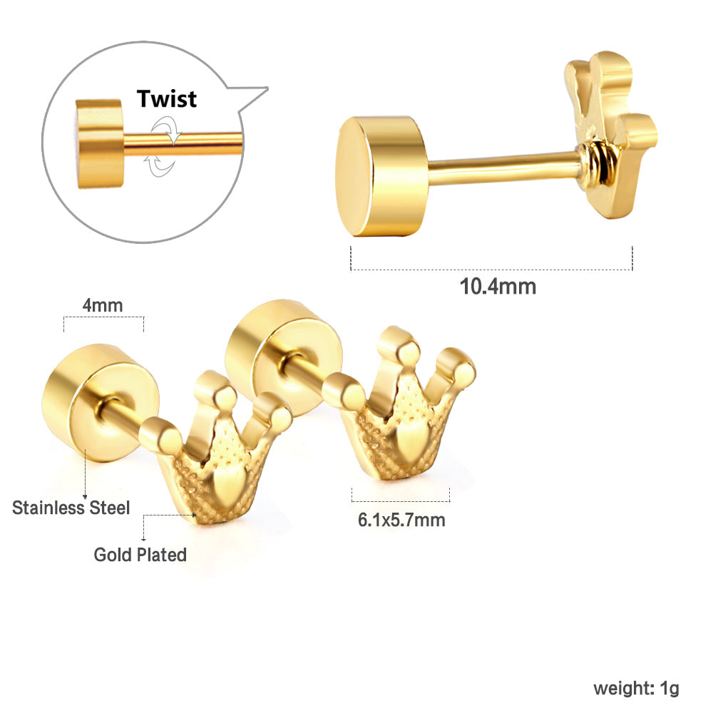 Princess Crown Studs showing screwback detail, weight and size