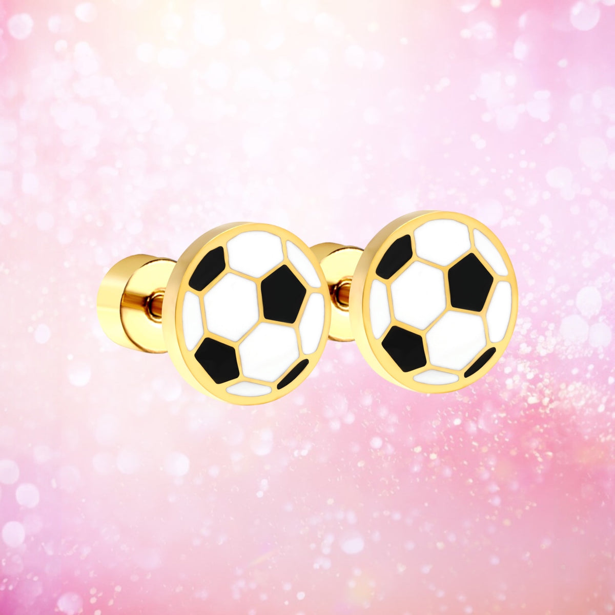 Soccer ball flat screwback studs shown on pink and gold backdrop 