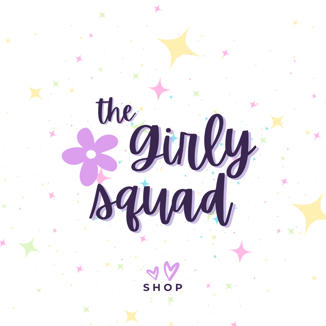 A digital graphic with the text 'the Girly squad' in purple script and block lettering, accompanied by a purple flower illustration and a 'SHOP' logo below, set against a white background with pastel star and dot confetti.
