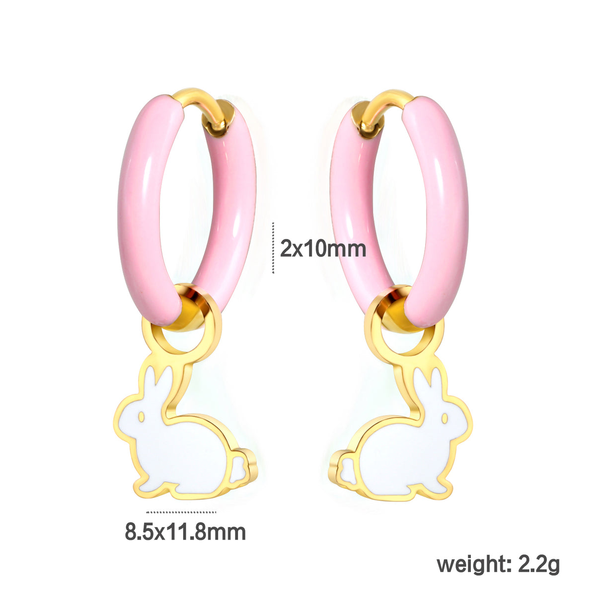 White Bunny Charm Hoops showing color, size and weight details