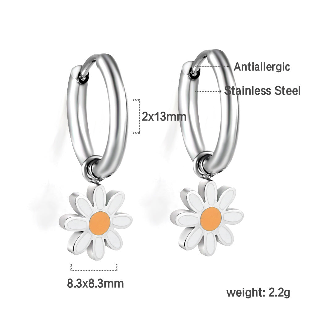 White Daisy Charm Hoops showing weight, size and material details