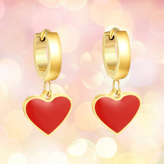 Red heart dangle huggie hoops