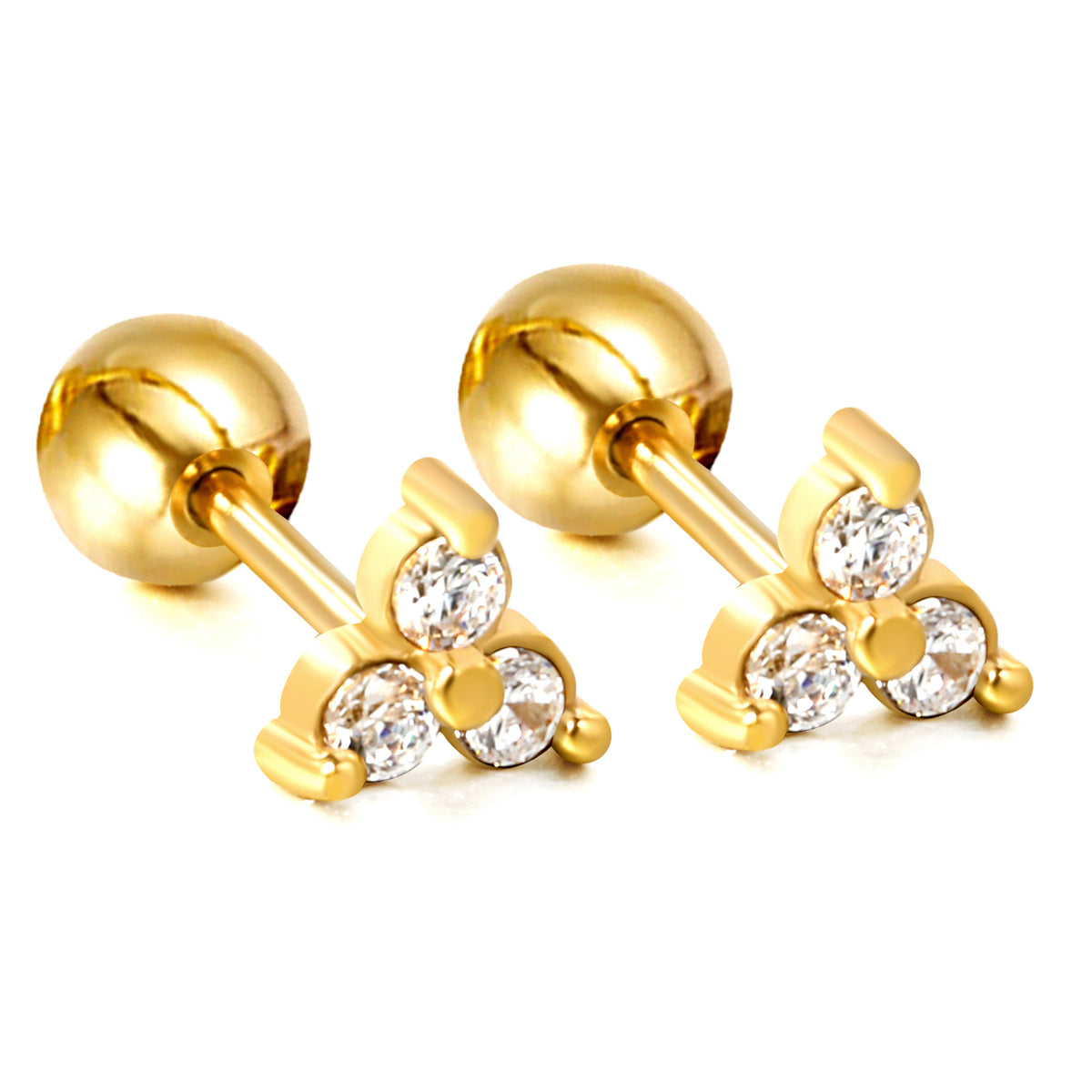 Gold earrings with clear crystals on a white background