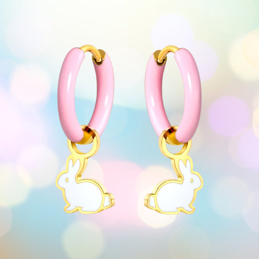 White bunny charm hoops