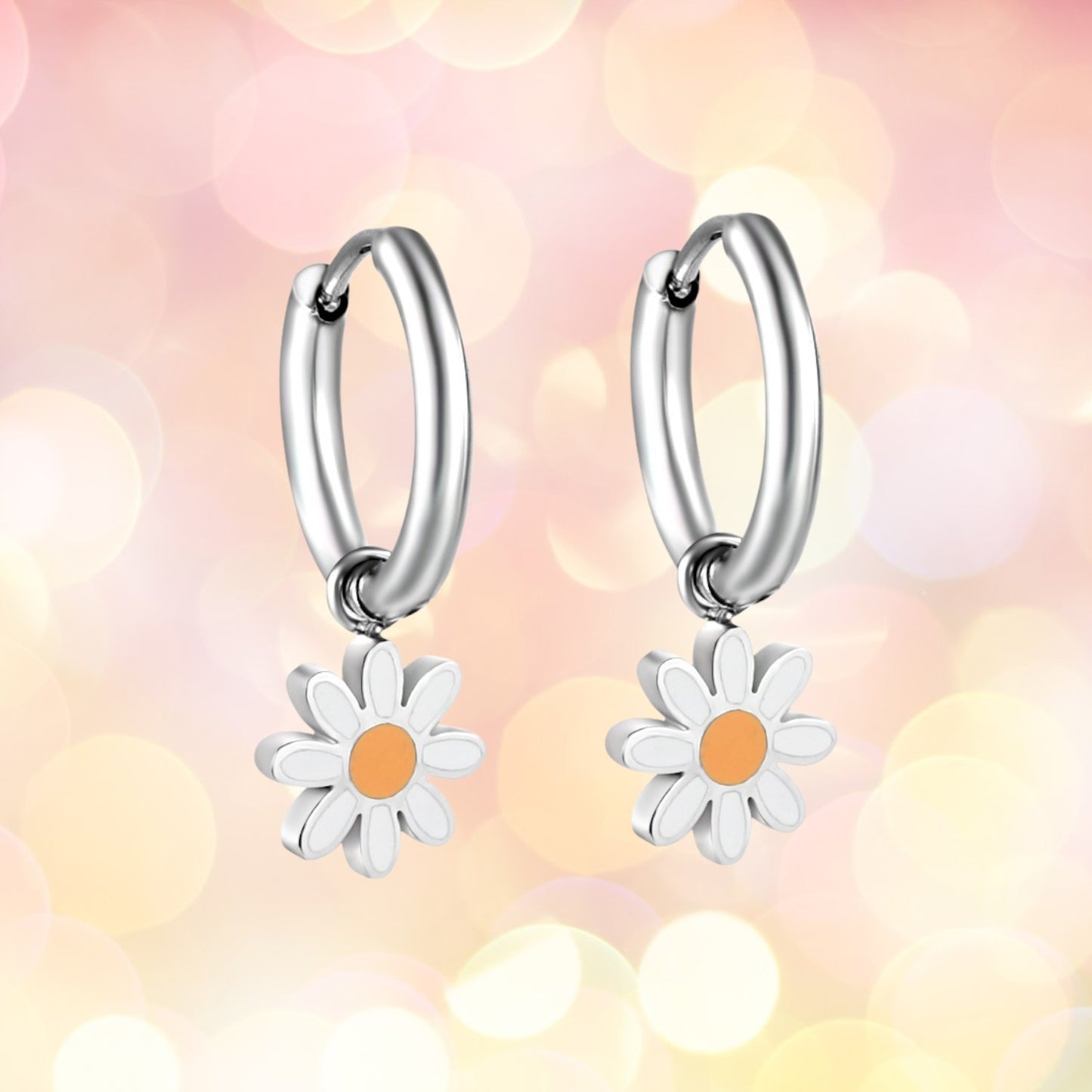 White Daisy charm hoops